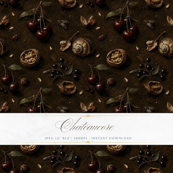 Dark Fruit Seamless Pattern JPEG Oil Painting Cherry Walnut Chateaucore Still Life Digital Download