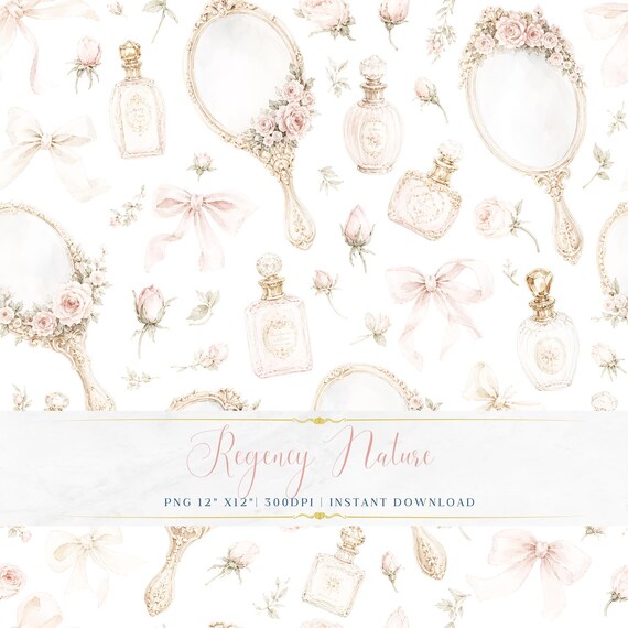 Feminine Botanical Seamless Pattern PNG Soft Regency Watercolor Wallpaper Digital Paper