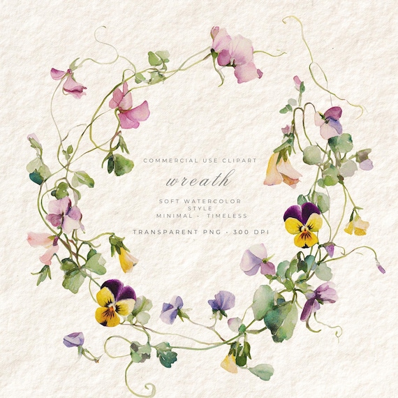 Sweet Pea Wreath PNG Clipart, Wildflower Transparent Background Art, Digital Download Commercial Use, Floral Stationery
