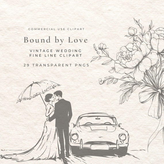 Vintage Wedding Clipart | Fine Line Pencil Style (PNG, 300 DPI)