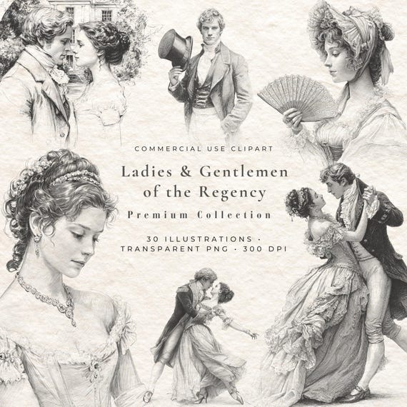 Regency Era Couple Clipart | 30 Hand-Drawn Illustrations (PNG Digital Download)