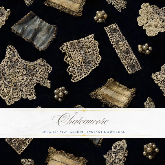 Antique Lace Seamless Pattern JPEG Oil Painting Digital Paper Dark Chateaucore Vintage Download