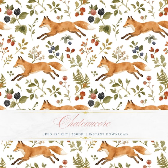 Watercolor Fox Berry Seamless Pattern, Woodland Animal Digital Paper, Cottagecore Tile