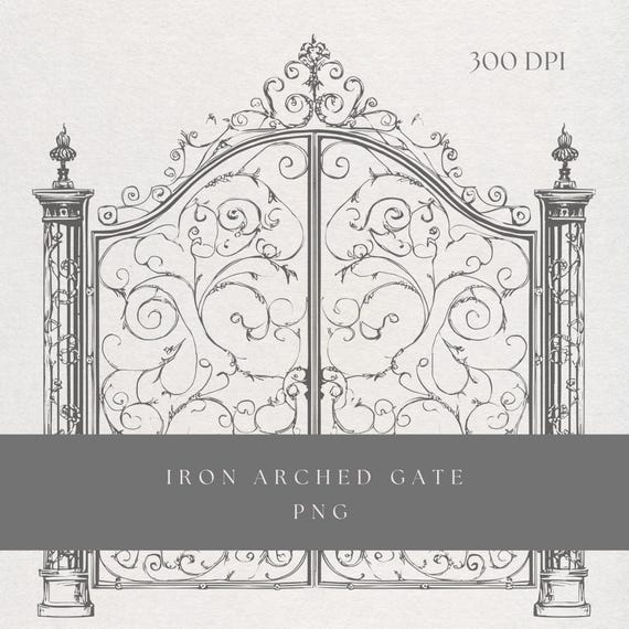 Ornate Gate Clipart PNG | Fine Line Gothic Iron Arch No 2 | Transparent Background | Digital Download Baroque Garden Entry Art