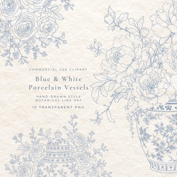 10 Chinoiserie Porcelain Vase PNG Bundle, Blue White Ginger Jar Clipart, Fine Line French Vessels, Grandmillennial Decor Graphics