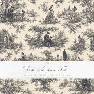 Op de afbeelding: Crèmekleurige toile-stof met een herhalend patroon van zwart-wit illustraties van lezende mensen, raven en architecturale elementen. De tekst "Dark Academia Toile" staat op de stof.