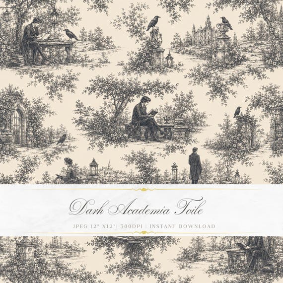 Dark Academia Toile de Jouy Seamless Pattern | Gothic French Wallpaper | Vintage Monochrome Digital Paper | Black Ivory Seamless Pattern