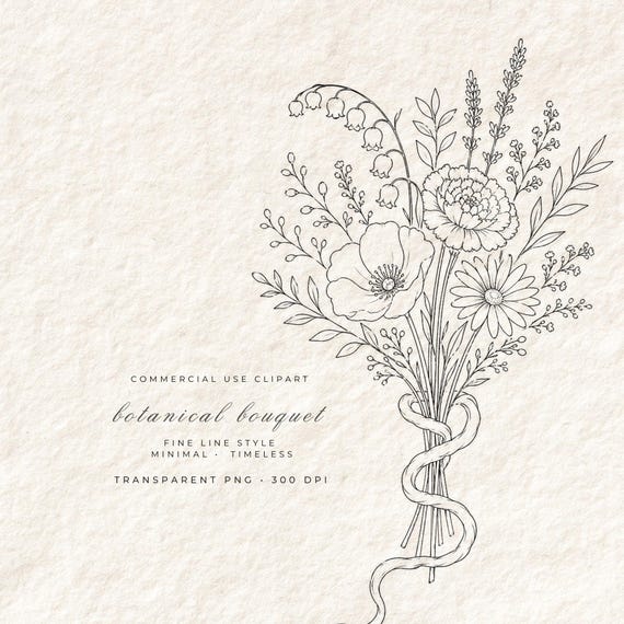 Botanical Bouquet Clipart PNG | Fine Line Wildflower Bundle | Transparent Background | Birth Flower Art | Baby Shower Digital Download