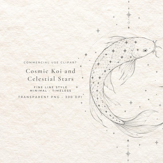 Cosmic Koi Fish PNG, Celestial Koi Fine Line Art Digital Download, Mystical Water Clipart, Boho Wall Art Printable File
