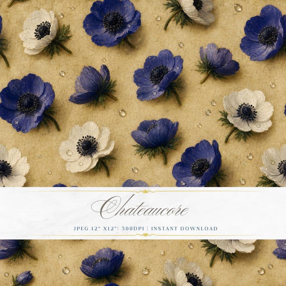 Anemone Seamless Pattern JPEG Oil Painting Digital Paper Blue Floral Chateaucore Instant Download