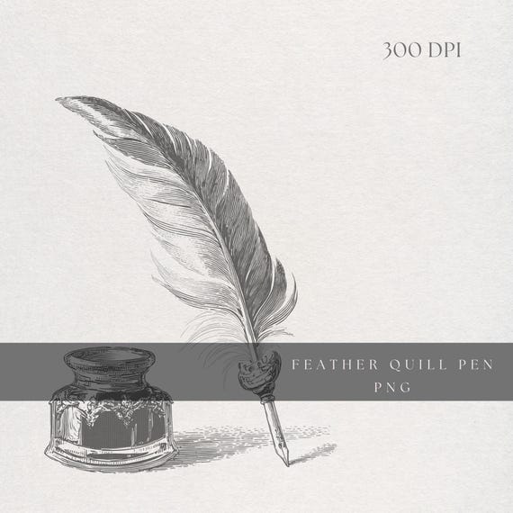 Quill Pen Clipart PNG | Fine Line Feather Inkwell Illustration | Transparent Background | Digital Download Vintage Writing Art
