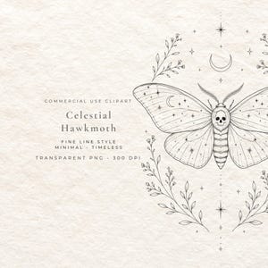 Puede incluir: Una ilustración de arte lineal en blanco y negro de una polilla con un patrón de calavera en el tórax, rodeada de elementos celestiales que incluyen estrellas, una luna creciente y ramas con hojas. El texto dice: COMMERCIAL USE CLIPART Celestial Hawkmoth.