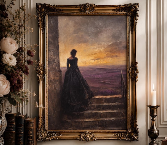 Moonlit Moors Woman Wall Art | White Gown Running Heather Oil Painting | Gothic Romantic Landscape Decor Digital Download