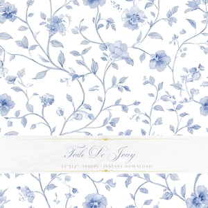 May include: A digital pattern featuring blue line-art flowers and vines on a white background. A horizontal banner across the center displays the text Toile De Jouy, 12"x12", 300DPI, and INSTANT DOWNLOAD in a decorative script and sans-serif font.