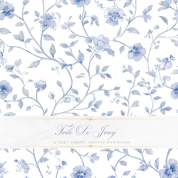 Blue Floral Line Seamless Pattern, Vintage Botanical Outline Digital Paper, Minimal Toile Style Floral Background, Wallpaper Fabric Design