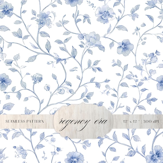 Blue Floral Line Seamless Pattern, Vintage Botanical Outline Digital Paper, Minimal Toile Style Floral Background, Wallpaper Fabric Design