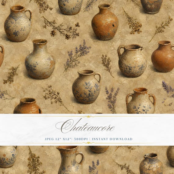 Terracotta Pottery Seamless Pattern JPEG Oil Painting Digital Paper Antique Chateaucore Instant Download