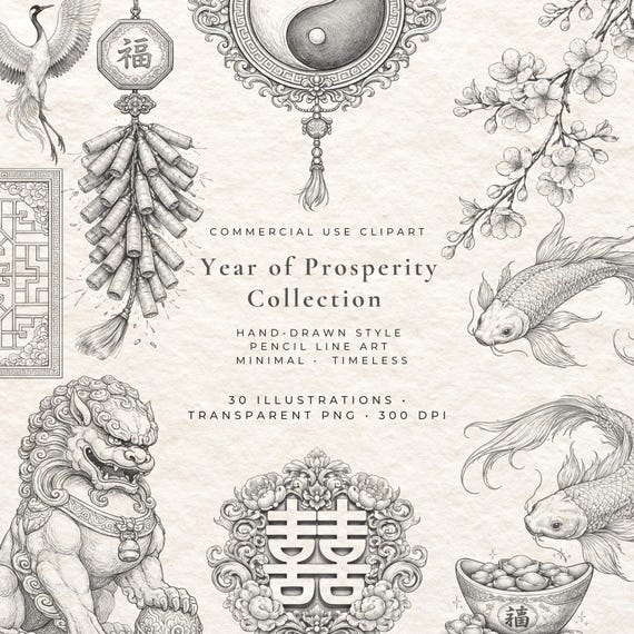 Lunar New Year Clipart | Fine Line Dragon, Lantern & Horse (PNG Digital Download