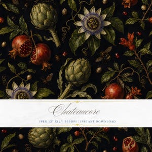 May include: A dark background features a repeating pattern of artichokes, pomegranates, passion flowers, and bees. The pomegranates are red, some split open to reveal seeds. The text "Chateaucore" is displayed on a white banner.