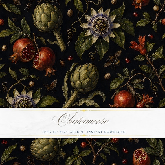 Artichoke Pomegranate Dark Seamless Pattern, Dutch Masters Digital Paper, Botanical Tile