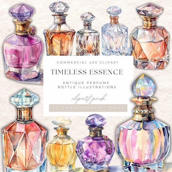 Vintage Perfume Bottle Clipart | 10 PNG Watercolor Antique Fragrance Illustrations | Instant Download