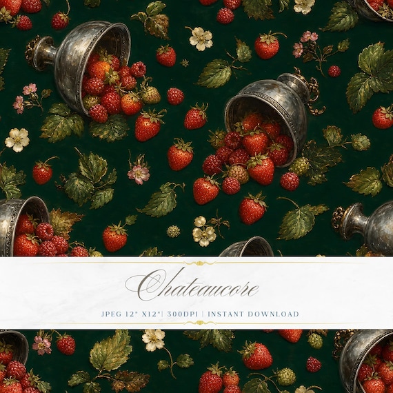 Dark Strawberry Botanical Seamless Pattern, Dutch Masters Digital Paper, Berry Tile