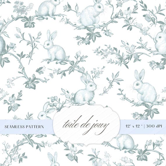 Chinoiserie Bunnies Toile de Jouy Seamless Pattern (JPEG, Instant Download)