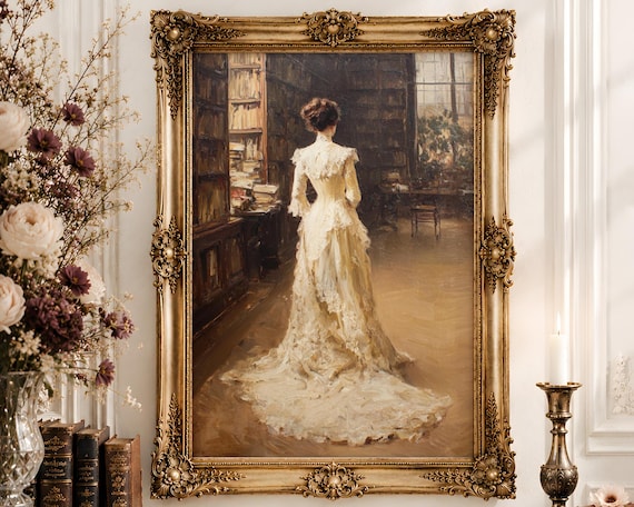 Edwardian Library Woman Wall Art | Ivory Lace Gown Oil Painting Print | Victorian Feminine Bright Decor Digital Download