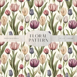 Puede incluir: Un patrón sin costuras con ilustraciones de acuarela de tulipanes rosas, morados y crema con hojas verdes sobre un fondo blanco. El texto "FLORAL PATTERN" se muestra en una pancarta en el centro de la imagen.
