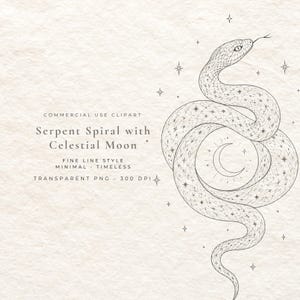 Op de afbeelding: Een zwart-witte lijntekening van een opgerolde slang met een halve maan in het midden, omringd door kleine vierpuntige sterren. De tekst luidt: COMMERCIAL USE CLIPART, Serpent Spiral with Celestial Moon, FINE LINE STYLE, MINIMAL - TIMELESS, TRANSPARENT PNG - 300 DPI.