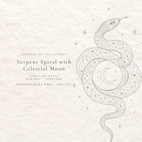 Celestial Snake PNG, Serpent Spiral Moon Fine Line Art Digital Download, Mystical Occult Clipart, Dark Academia Wall Art File