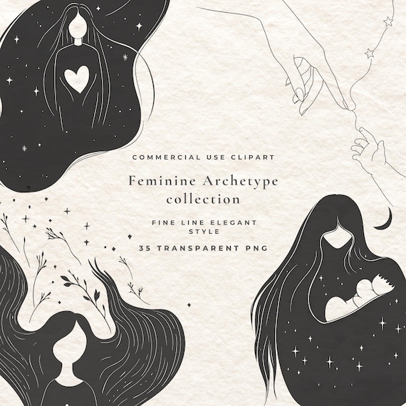 Feminine Archetype Clipart Bundle, 35 Woman Line Art PNG, Celestial Botanical Illustrations, Mystical Goddess Fine Line Drawings