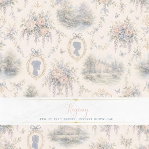 Pode incluir: Papel digital com tema Regency. O design apresenta ilustrações em aquarela de buquês florais, silhuetas de camafeus, borboletas e paisagens em cores pastel suaves. O texto "Regency" é exibido na parte inferior.