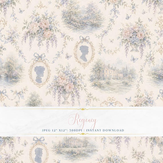 Regency Manor Pattern JPEG | Watercolor Estate House Wisteria Peony Cameo Floral Urn Bow Blue Cream Digital Scrapbook Paper 300 DPI