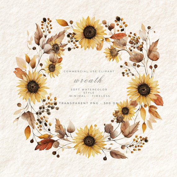 Autumn Sunflowers Wreath PNG, Watercolor Flower Frame Clipart, Wedding Logo Frame, Baby Shower Invitation Border, Botanical Circle Design