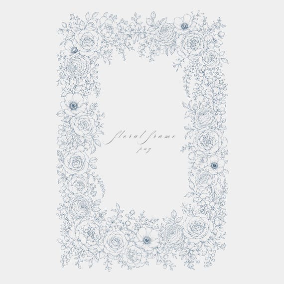 Mixed Garden Blooms Frame PNG | Fine Line Pencil Clipart | Wedding | Transparent | 300 DPI