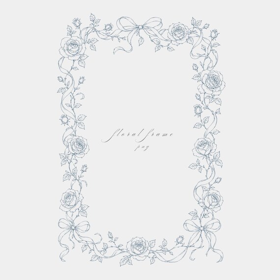 Ribbon Rose Garland Frame PNG | Fine Line Pencil Clipart | Wedding | Transparent | 300 DPI