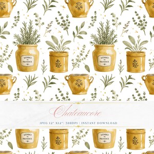 Può includere: Motivo acquerello ripetuto con vasi gialli con la scritta "HERBES DE PROVENCE" e varie erbe. Il design include rametti di rosmarino, salvia e altra vegetazione verde su sfondo bianco con macchie dorate. È presente anche il testo "Chateaucore".