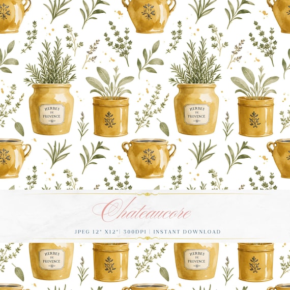 Apothecary Herb Pot Watercolor Seamless Pattern, French Kitchen Digital Paper, Botanical Tile