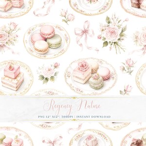 May include: Watercolor illustration featuring a seamless pattern of desserts and floral elements. The design includes plates with macarons, cakes, and roses in shades of pink, green, and white. The text "Regency Nature" is displayed on a banner.