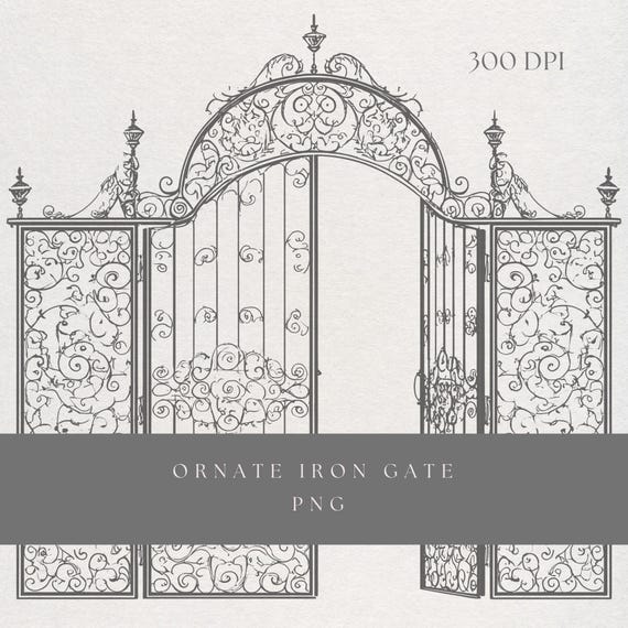 Iron Gate Clipart PNG | Fine Line Wrought Iron Arch Illustration | Transparent Background | Digital Download Gothic Garden Art