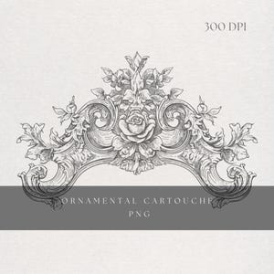 May include: An ornate, grayscale cartouche design featuring a central rose, flanked by scrolling leaves and a stylized face. The text "ORNAMENTAL CARTOUCHE" and "PNG" are displayed below the design. The image is labeled "300 DPI".