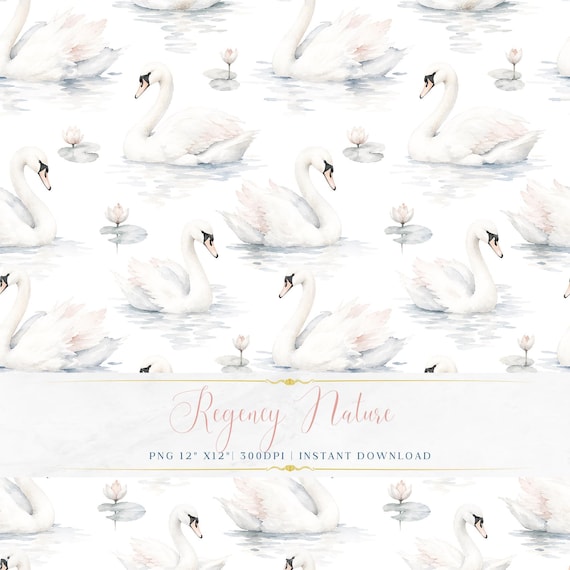 Romantic Soft Watercolor Swans Seamless PNG Soft Floral Design Printable Wallpaper Pattern