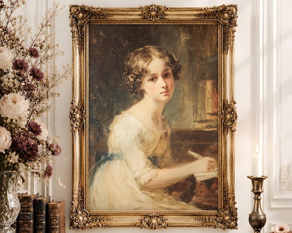 Regency Woman Portrait Wall Art | Dark Library Oil Painting Print | Victorian Book Lover Bedroom Decor Digital Download