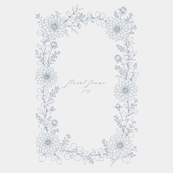 Dahlia Eucalyptus Frame PNG | Fine Line Pencil Clipart | Wedding Stationery | Transparent | 300 DPI