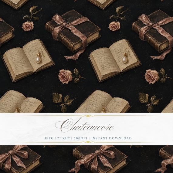 Romantic Book Seamless Pattern JPEG Oil Painting Rose Ribbon Dark Chateaucore Digital Download