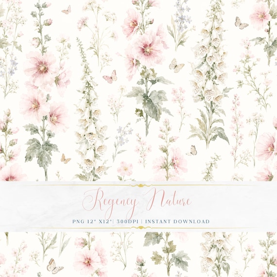 Elegant Watercolor Botanical PNG Vintage Floral Seamless Wallpaper Scrapbook Paper