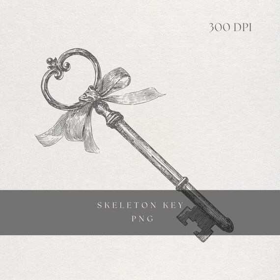 Skeleton Key Clipart PNG | Fine Line Antique Key Illustration | Transparent Background | Digital Download Vintage Gothic Key Art