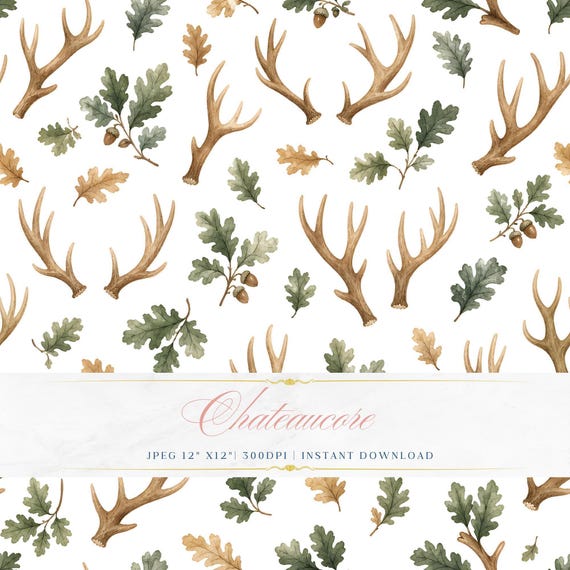 Antler Oak Leaf Watercolor Seamless Pattern, Woodland Digital Paper, Hunting Lodge Tile
