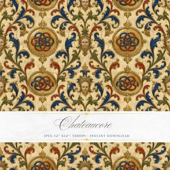 Medieval Illuminated Seamless Pattern JPEG Oil Painting Digital Paper Chateaucore Royalcore Download